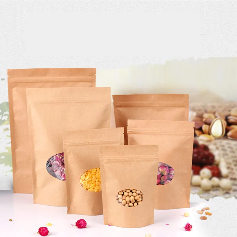 Kraft Paper Zip Pouch Bag Window Brown Stand Up Heat Seal Resealable Food 30cm 