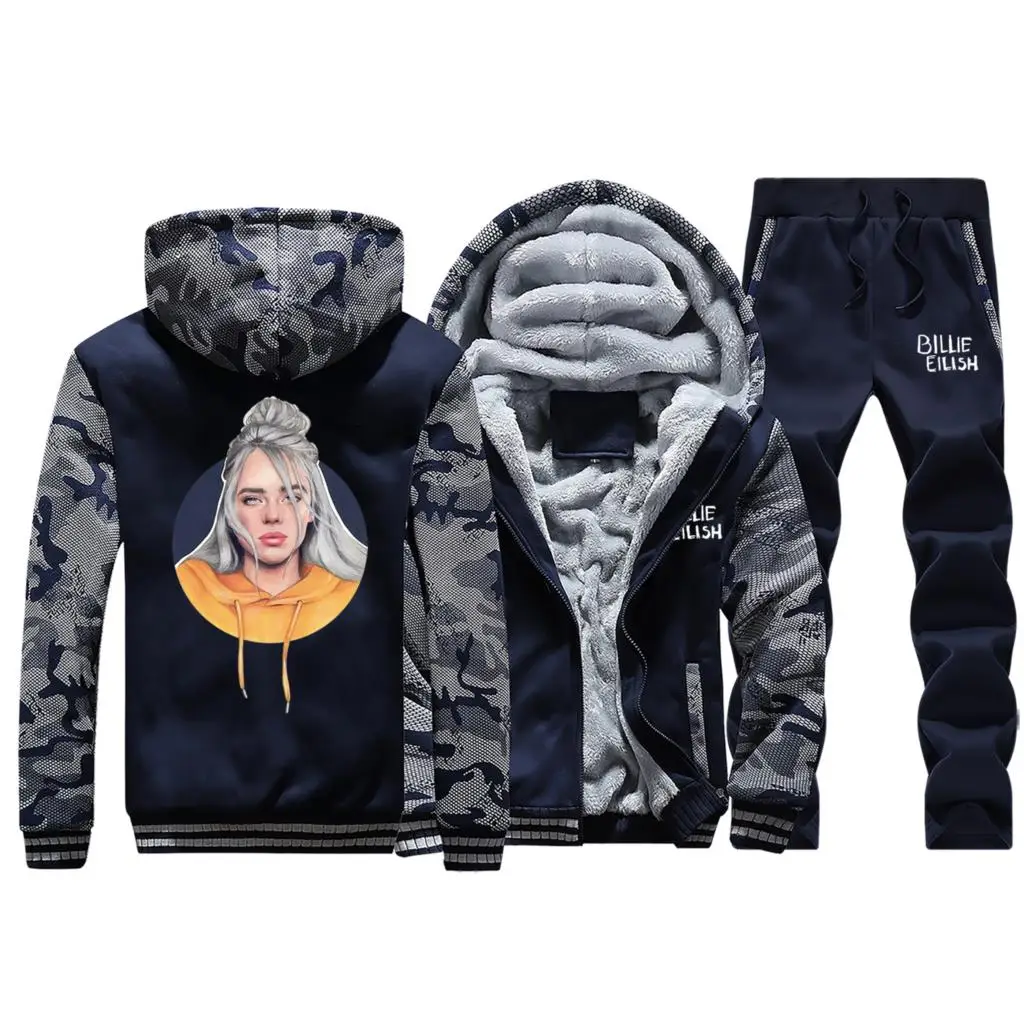Dark Blue Billie Eilish мужские куртки+ спортивные брюки зимняя Толстая Уличная одежда мужская камуфляжная куртка на молнии уличная одежда Топы Ретро мужские - Цвет: Dark Blue