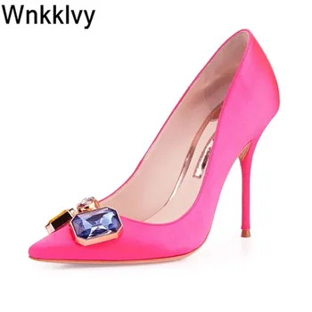 

Women high heel pumps Pointed toe Jewellery diamond crystal decor Silk stain Single dress banquet wedding shoes stilettos