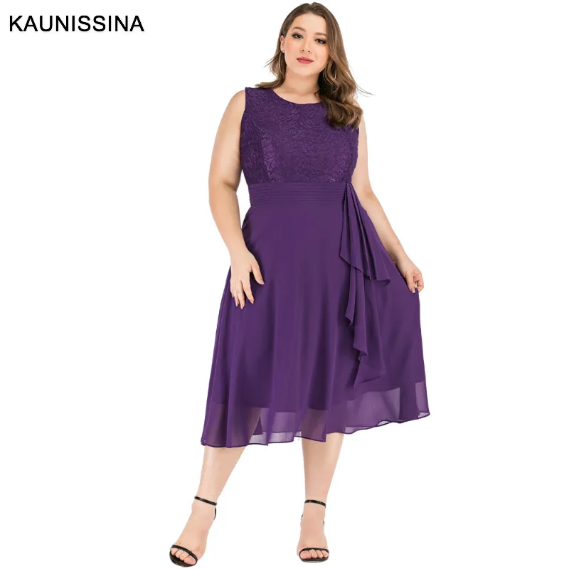 Purple KAUNISSINA размера плюс коктейльное платье Женские Элегантные платья для вечеринки с круглым вырезом без рукавов сплошное шифоновое кружевное платье для выпускного вечера - Цвет: Purple