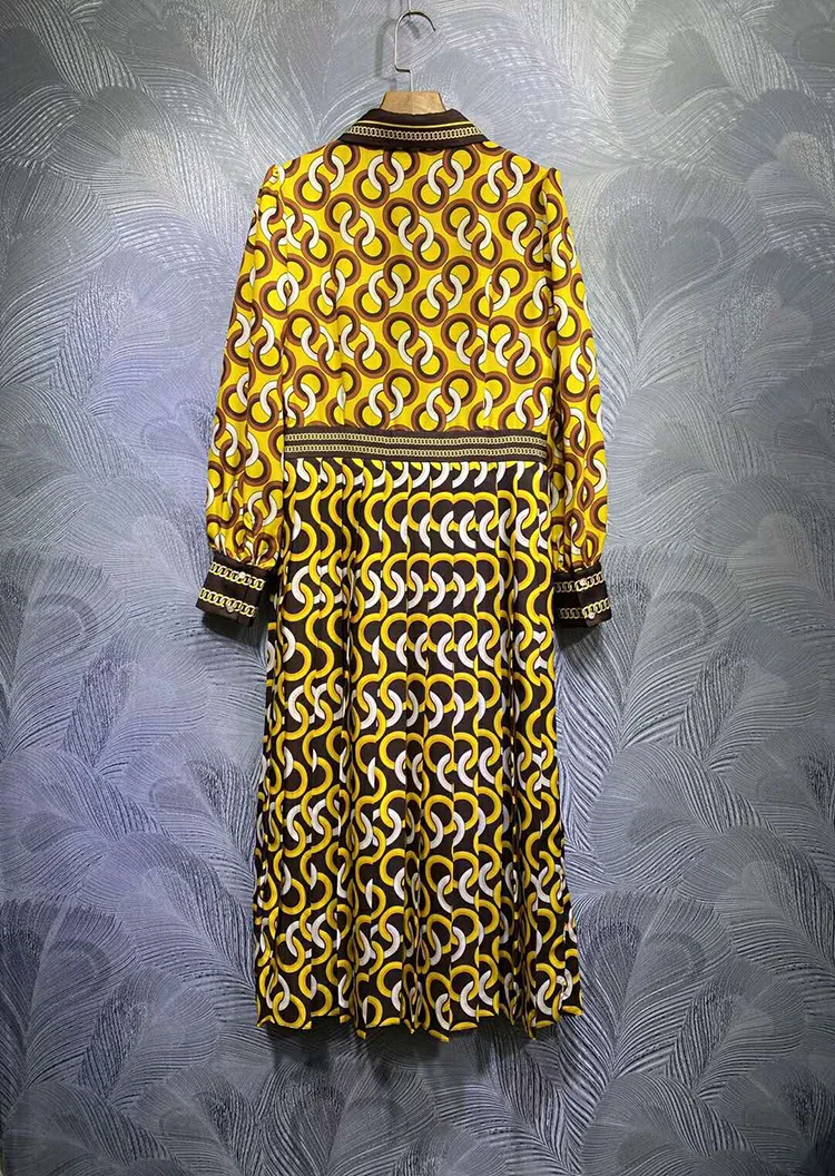 SEQINYY Yellow Midi Dress 2020 Early Autumn Spring New Fashion Design Women Long Sleeve Vintage Print Shirt Dress Casual