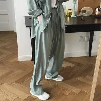 

2020 New Spring Summer Solid Color High Waist Lace-up Wide Leg Pants Women Korea Loose Casual Trouser Tide W011