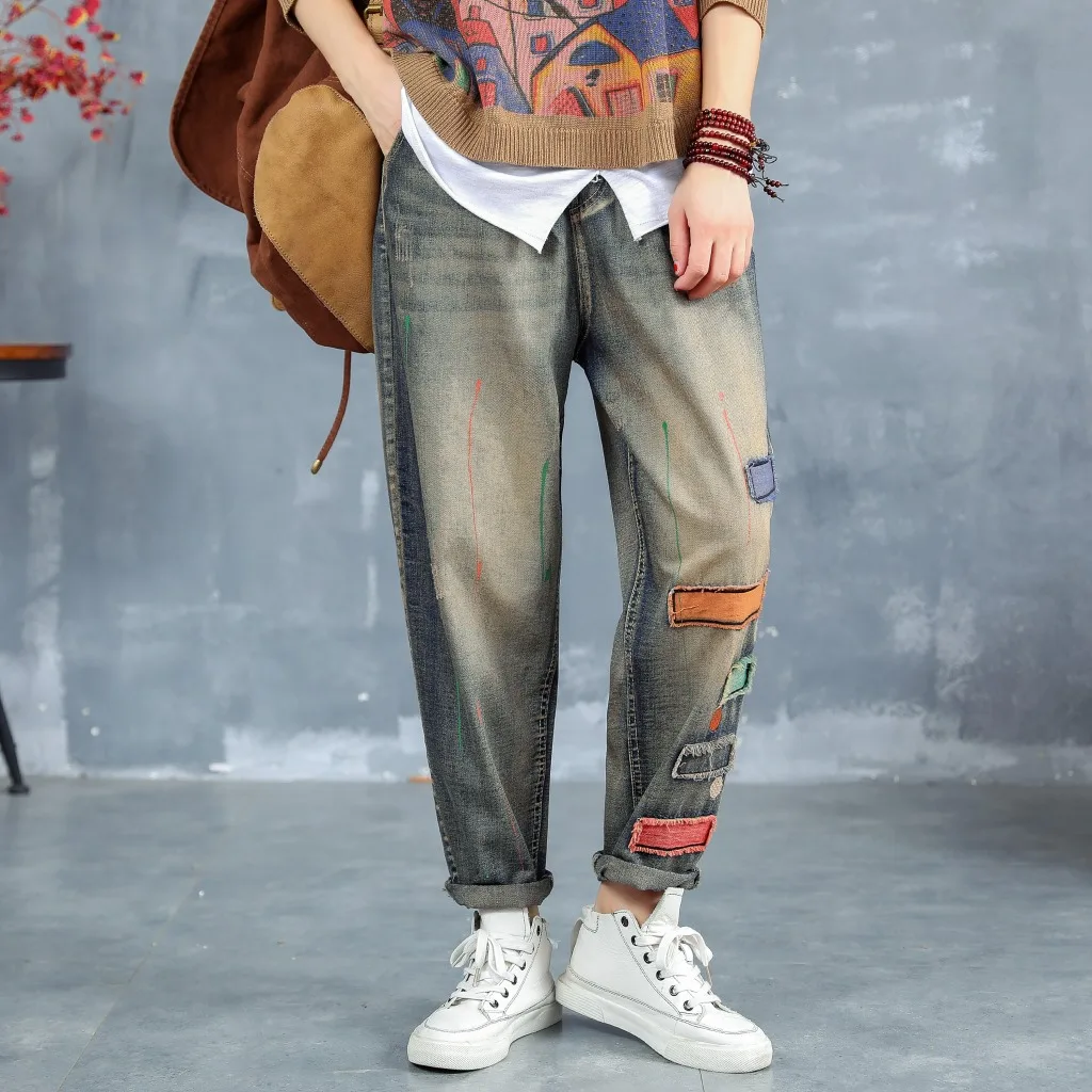 New Plus size Jeans Womens Wash Embroidery Ripped denim Trousers Women's fashion zipper Elastic Waist Hole Cowboy Harem Pants