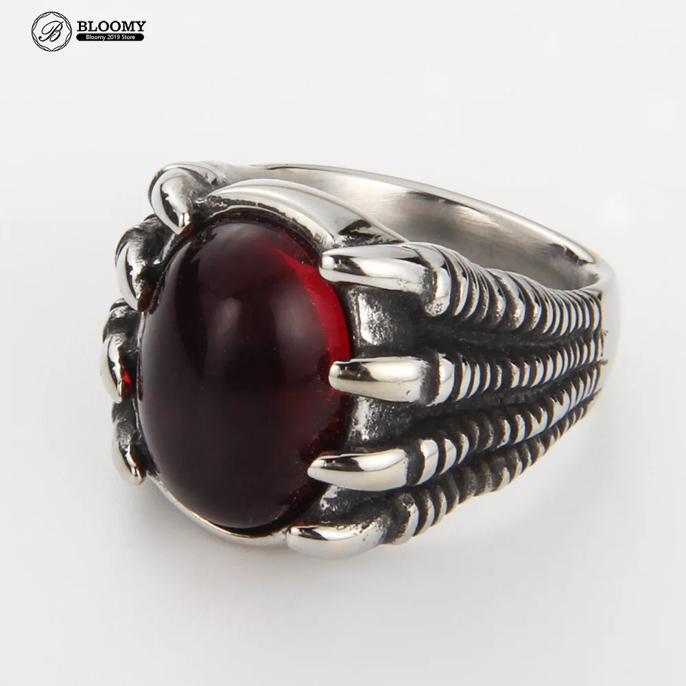 

Dragon Claw Red Onyx Stone Rings Punk Titanium Steel Ring Men Vintage Red Semi-precious Stone Jewelry Wedding Party Gift