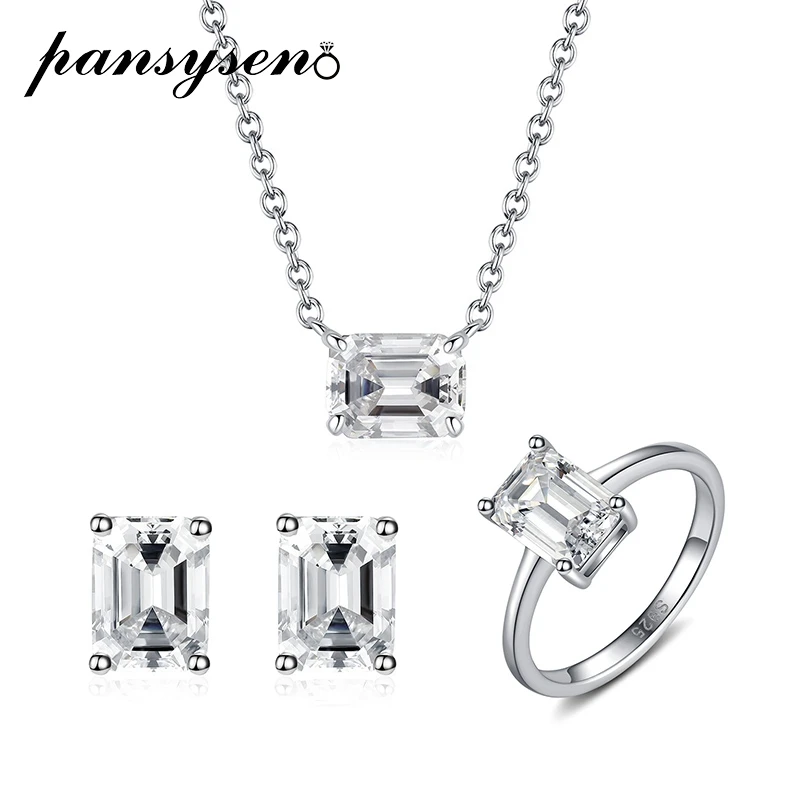 

PANSYSEN Luxury 100% Real 925 Sterling Silver 6*8MM Emerald Cut Simulated Diamond Moissanite Necklace/Earrings/Ring Jewelry Sets