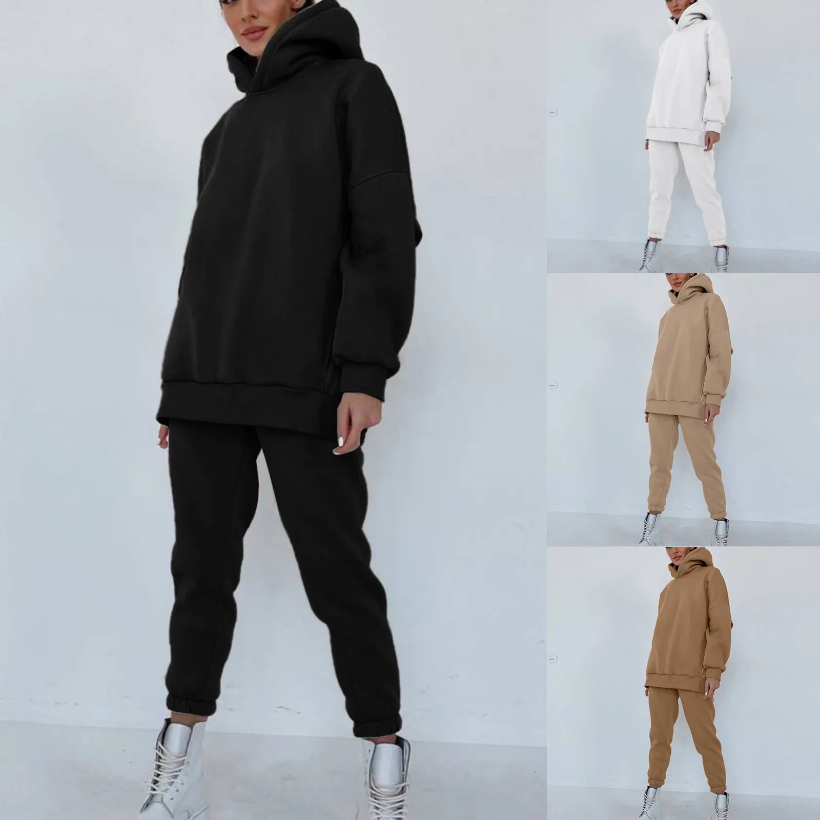 Women Sports Hooded Sweatshirt Suits Autumn Solid Long Sleeve Hoodies + Sweatpants Outfits Casual Workout 2 Piece Set Tracksuit 1