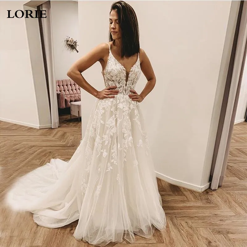 

LORIE Lace A Line Wedding Dress2020 Vestidos de novia Spaghetti Straps Lace Sexy Bridal Gown Elegant Backless Wedding Gowns