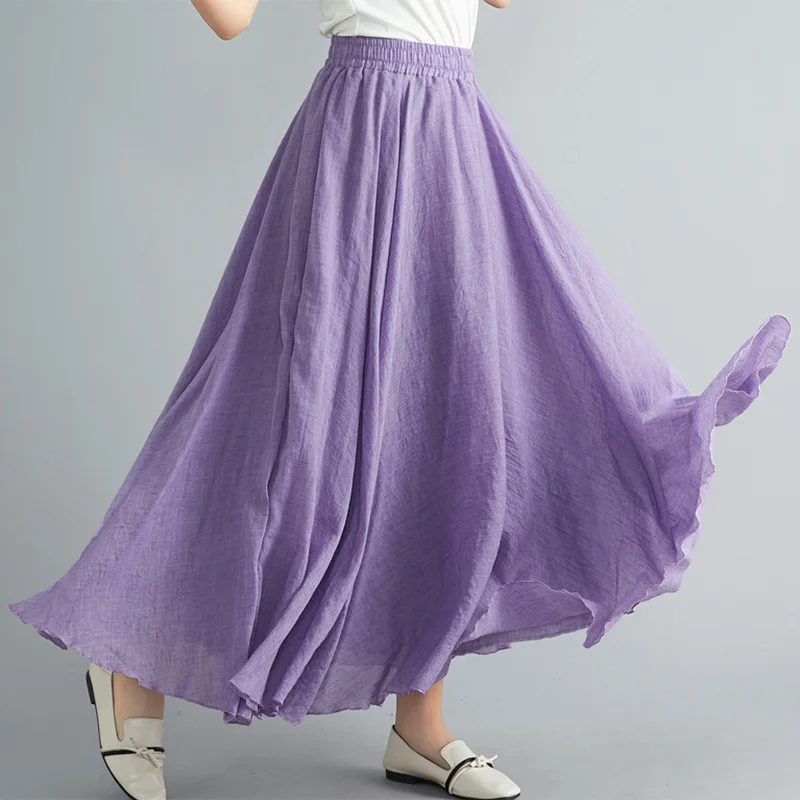 purple Spring Autumn Summer Linen Skirts Pleated Satin Long Skirt High Elastic Waist Wear Linen Pleuche Big Hem A-line Long Skirts - Цвет: purple