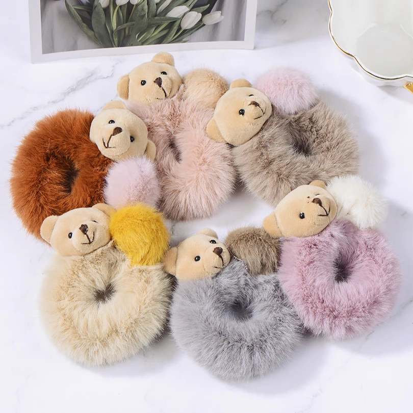 

2020 Newest Mink Fur Hair Rope Cute Bear Scrunchie Women Girls Elastic Hair Rubber Bands Gum Ponytail Holder Hair Accessories