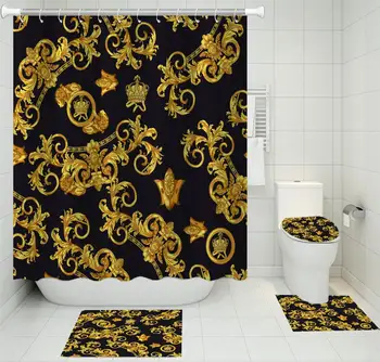 

Polyester Fabric Shower Curtain Four-piece Toilet Seat Cover Pad Floor Mat Baroque Retro Shower Curtain Bath Carpet Bath Mat