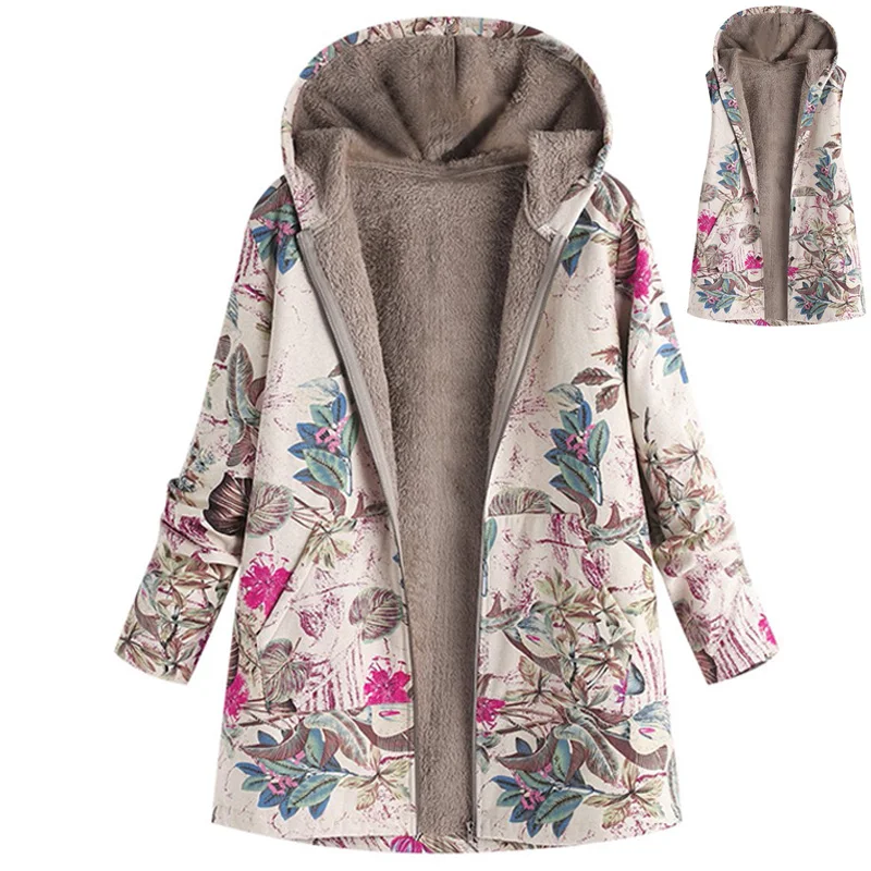

Women Outwear Floral Print Hooded Pockets Vintage Oversize Plush Coats S-5XL Plus Size Female Jacket Winter Warm Overcoat