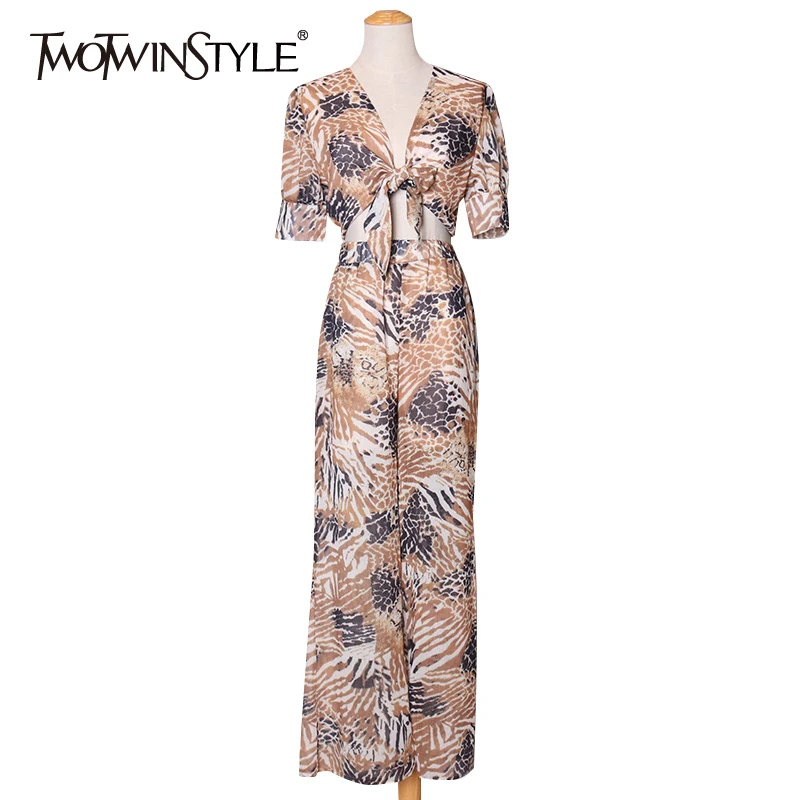 

TWOTWINSTYLE Casual Print Two Piece Set Women V Neck Short Sleeve Top High Waist Full Length Pant Fashion Suits Female Clothing