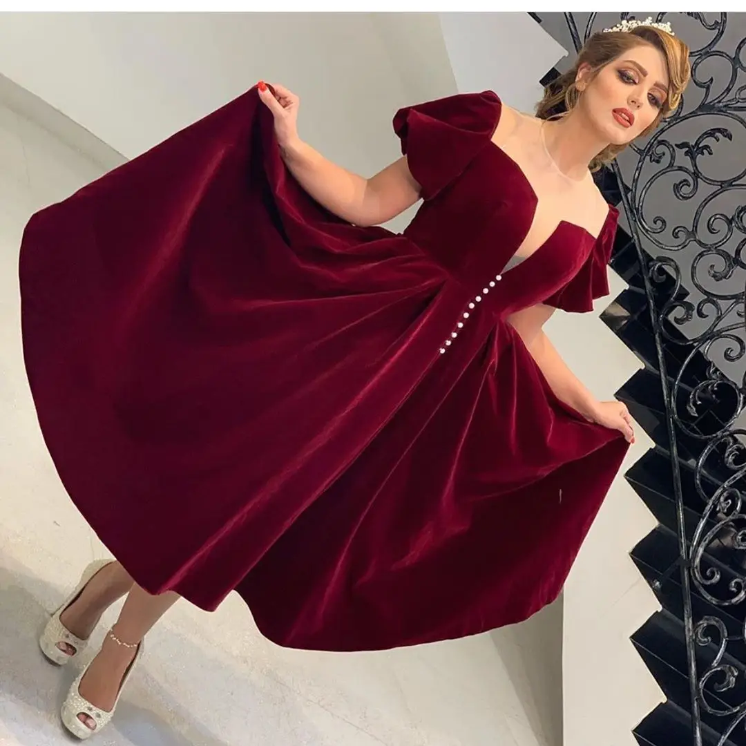 

Elegant Arabic Dubai Brugundy Velvet Evening Dress With Cap Sleeves Tea Length Women Formal Occasion Dresses Long Party Gowns
