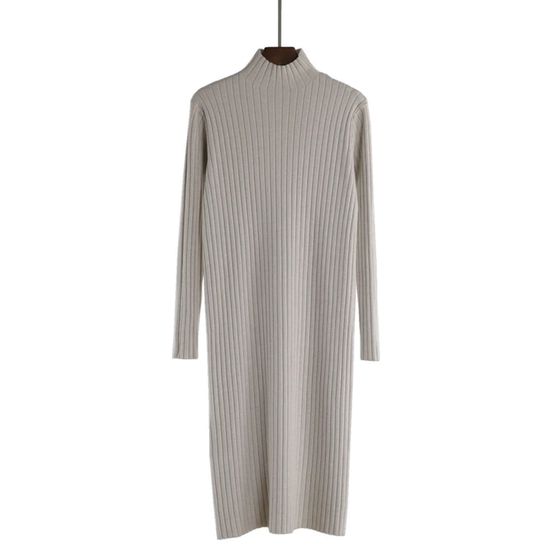 Ordifree Autumn Winter Women Knitted Dress Long Sleeve Casual Loose Warm Thick Soft Turtleneck Sweater Dress - Цвет: Grey