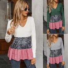 Best Price Long Sleeve V-Neck Leopard Stitching Solid Loose Casual Harajuku Hem Ruffle Tops Best Price Long Sleeve V-Neck Leopard Stitching Solid Loose Casual Harajuku Hem Ruffle Tops