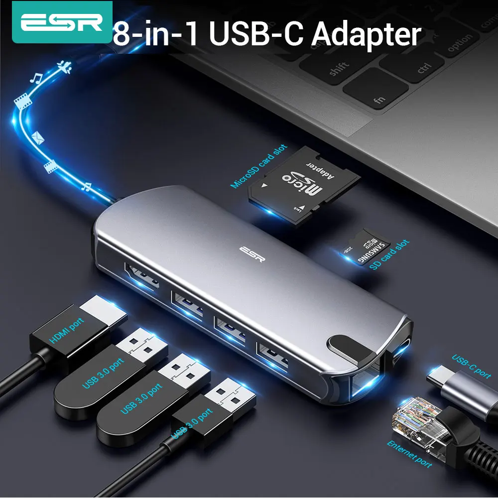 ESR 8 в 1 USB Type C 3,1 концентратор USB 3,0 выход адаптер сплиттер быстрая скорость передачи устройство для чтения карт SD TF 6/8 порты зарядное устройство концентратор 6 в 1|USB-хабы| | АлиЭкспресс
