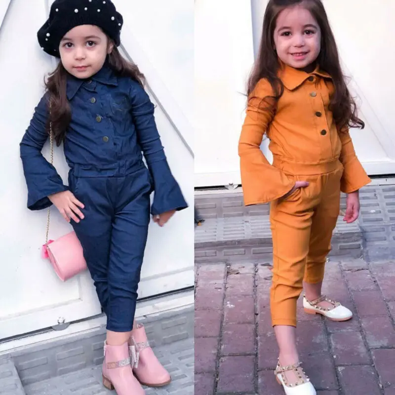 Emmababy для маленьких девочек; сезон осень; Повседневный модный однотонный комбинезон с длинными расклешенными рукавами и оборками; штаны; одежда