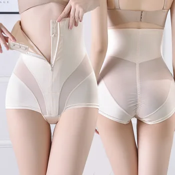 

High-Waisted Female body shaper control pantie Transparent tulle patchwork Zipper lingerie solid color Hip