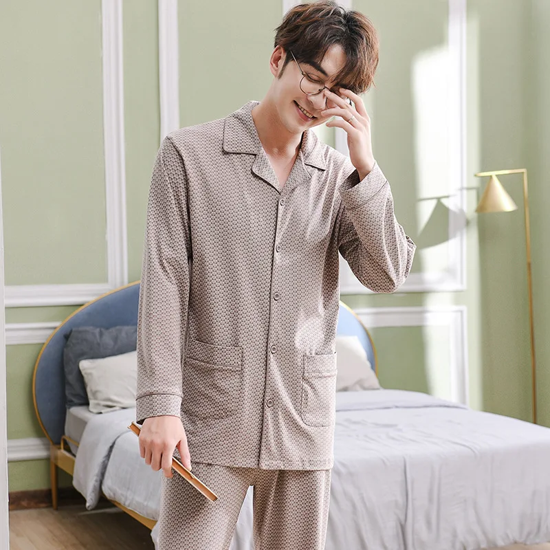 

Pajamas Men Spring And Autumn Pure Cotton Long Sleeve Thin Loose-Fit Plus-sized Large Size Dad Cotton Tracksuit Summer Set