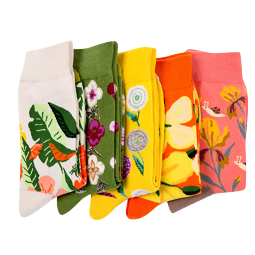 Осенне-зимние носки женские Харадзюку хлопковые повседневные теплые цветные яркие осенние цветочные носки без пятки L0821