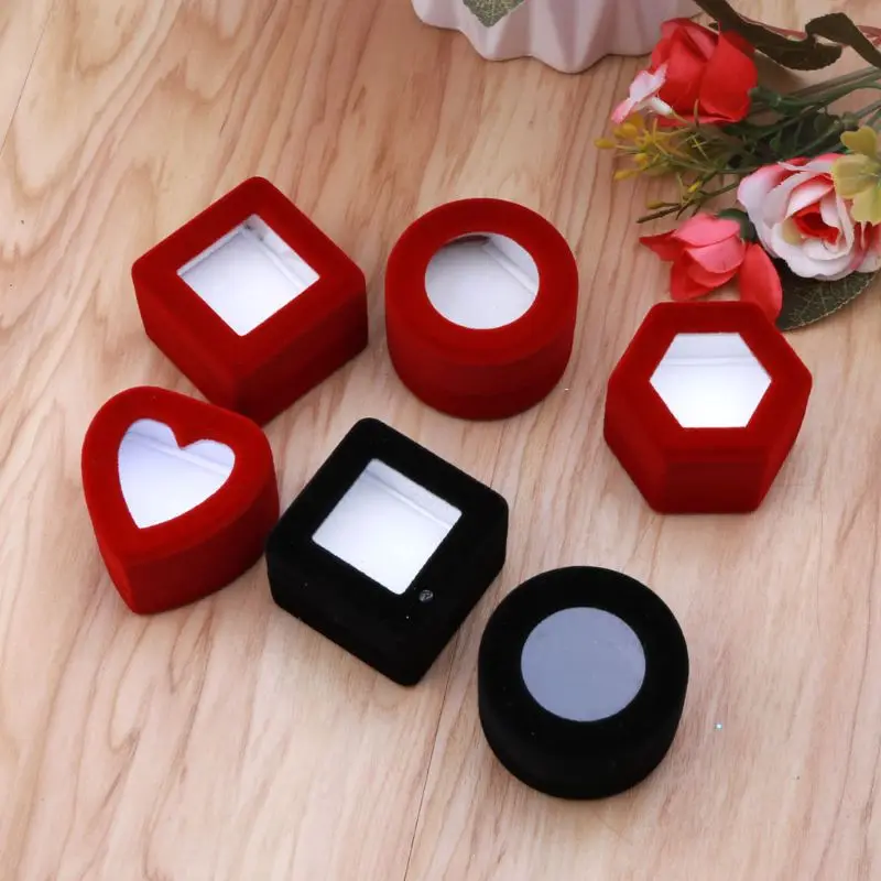 

Velvet Red Ring Box Holder Clear Showcase Ring Organizer for Engagement Proposal Jewelry Display with Transparent Lids