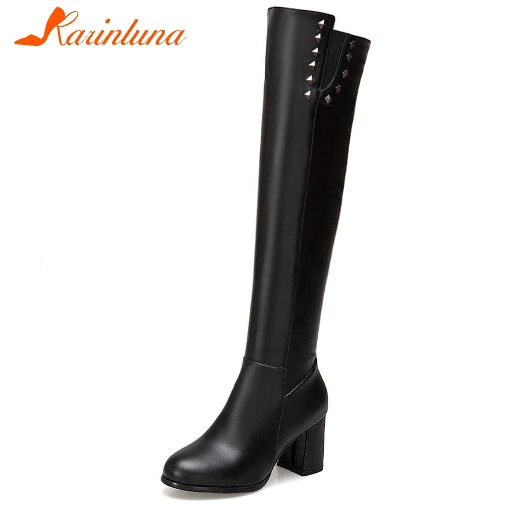 

Karinluna New Arrivals 2020 Add Fur Autumn Winter Boots Woman Shoes Women Chunky Heels Zip Up Knee High Boots Women Shoes