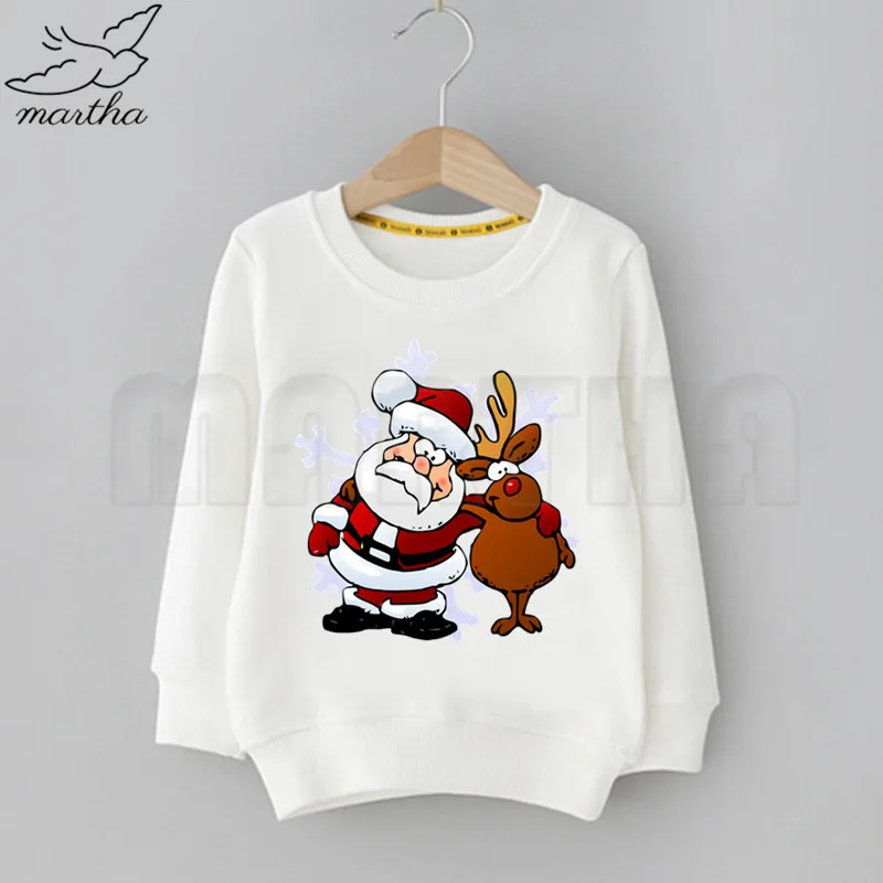 Santa Deer Merry Christmas Kids Funny Print Sweatshirt Solid Color Hoodies Fashion Boys Girls Long Sleeve Hoodies StreetWear