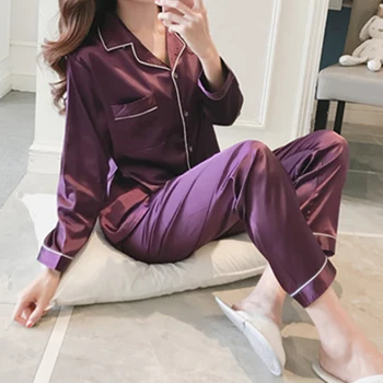 

2PCS Pajamas Sets Women Lapel Imitation Silk Long Sleeve Home Wear Ladies Mujer Sexy Satin Tops+Pants Nightgown Sleepwear Spring