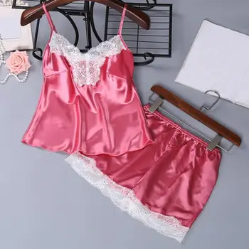 

Womens Silk Lace Sleepwear Sexy Female Pajamas Sets Elegant Nightwear Ladies Underwear Satin Sleepwear Night Wear 2 Piece Sets