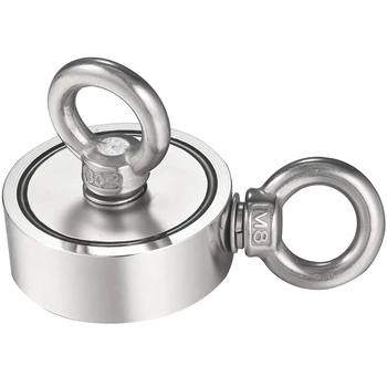 

Neodymium Fishing Magnets (Double-Sided Magnetic) Round Neodymium Magnet With Eyebolt, Combined 600 Lbs Pulling Force, 2.36inch