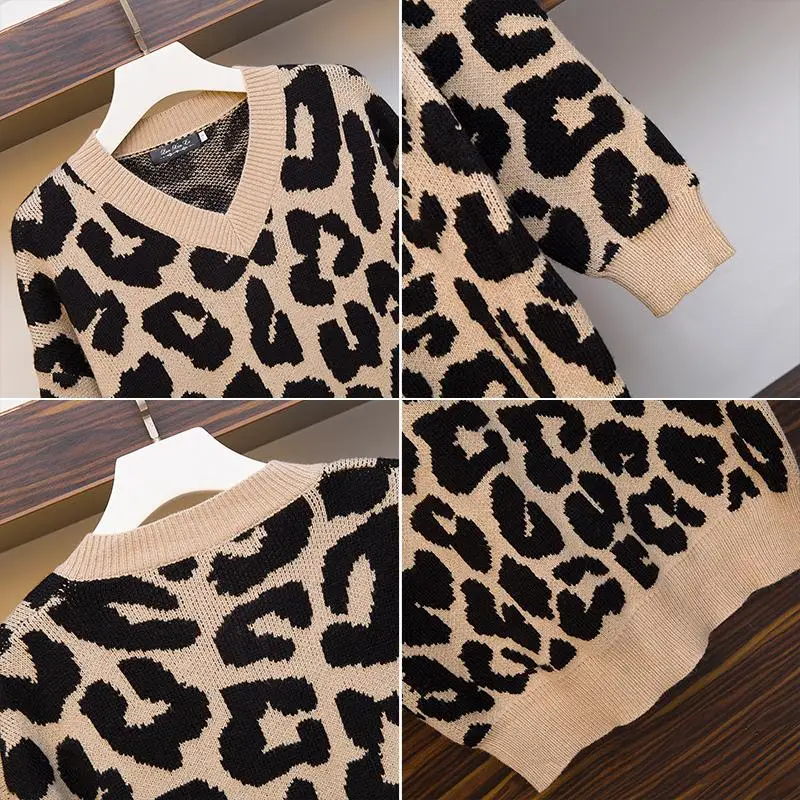 Платье с v-образным вырезом Новинка Зима Большой размер женский модный вязаный свитер свободное леопардовое платье Vestido