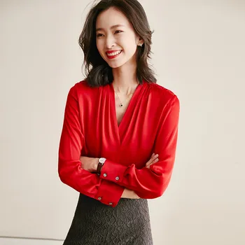 

Silk shirt female embroidery V-neck long sleeve shirt 2020 spring summer new red shirt heavy satin silk shirt female white top