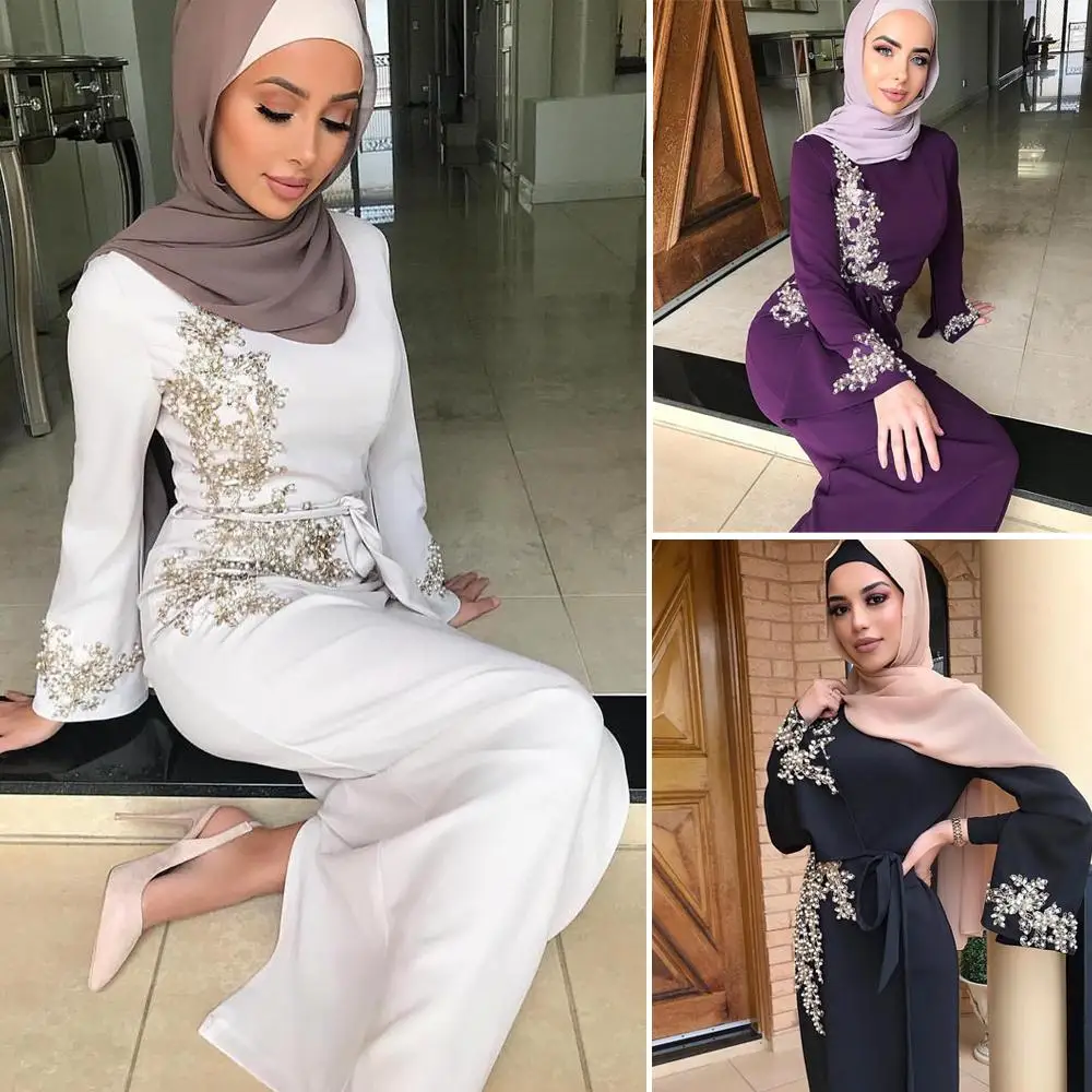 

Dubai Women Abaya Party Cocktail Evening Dresses Maxi Long Gown Muslim Jilbab Split Dress Elegant Applique With Belt 2019 Autumn