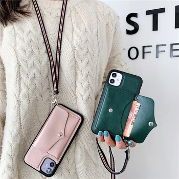 

Wallet Phone Case for iPhone SE 2 XR 11 Pro Max XS Max 6 6S 7 8 Plus Neck Strap Plain Business Leather Credit Card Holder Cover