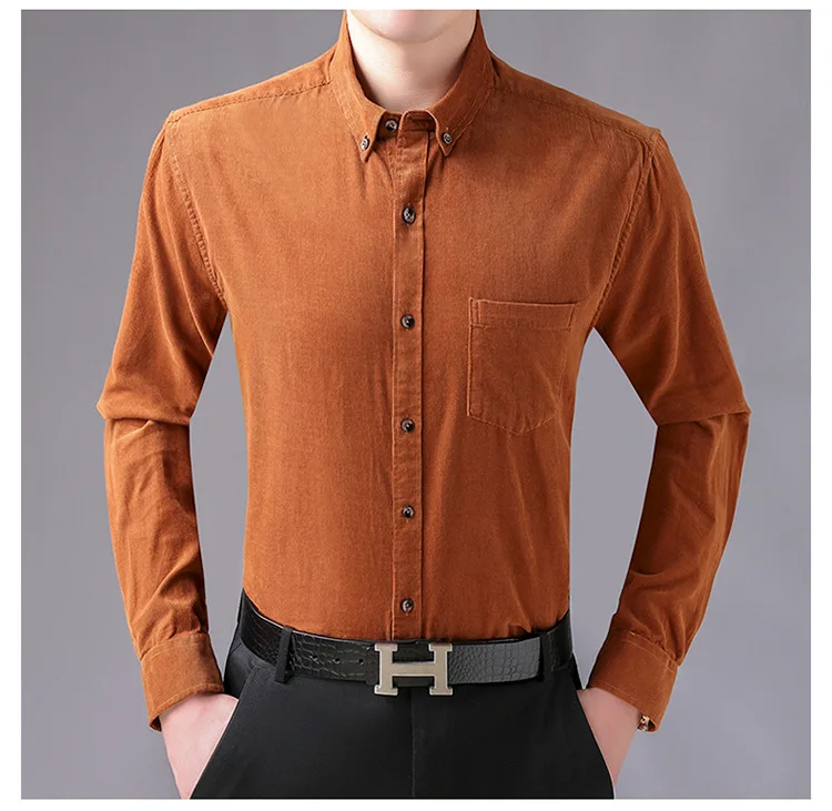 Хаки Для мужчин Демисезонный Вельветовая рубашка модного бренда Slim Fit Мужской Повседневное из мягкого хлопка для детей Одежда дропшиппинг лаки для ногтей - Цвет: Хаки