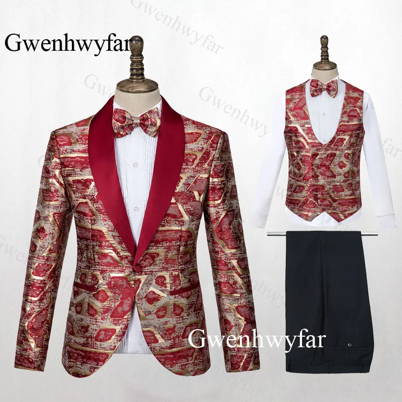 Gwenhwyfar Мужская мода шаль нагрудные 3 шт. набор красный жаккард свадебные костюмы жениха качество жаккард банкет смокинг для мужчин