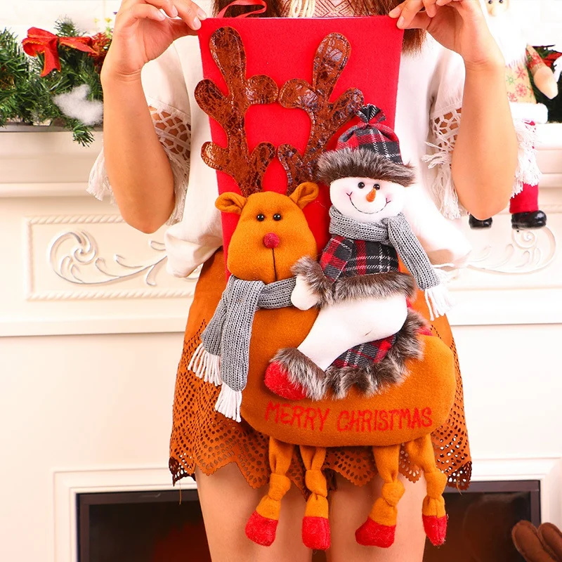 

Christmas Tree Fireplace Decorations Candy Socks Gifts Bag With Snowman Deer Doll Oversized Hanging Loops 50*25cm