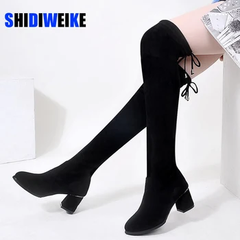 

Sexy Slim Fit Elastic Flock Over The Knee Boots Women shoes 2020 Autumn Winter ladies high heel overknee Long Thigh High botas