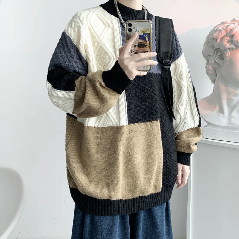 

2021 Winter Men's Long Sleeve Woolen Sweaters Clothes Color Stitching Pullovers Fashion Coats High Quality Homme Knitting M-2XL