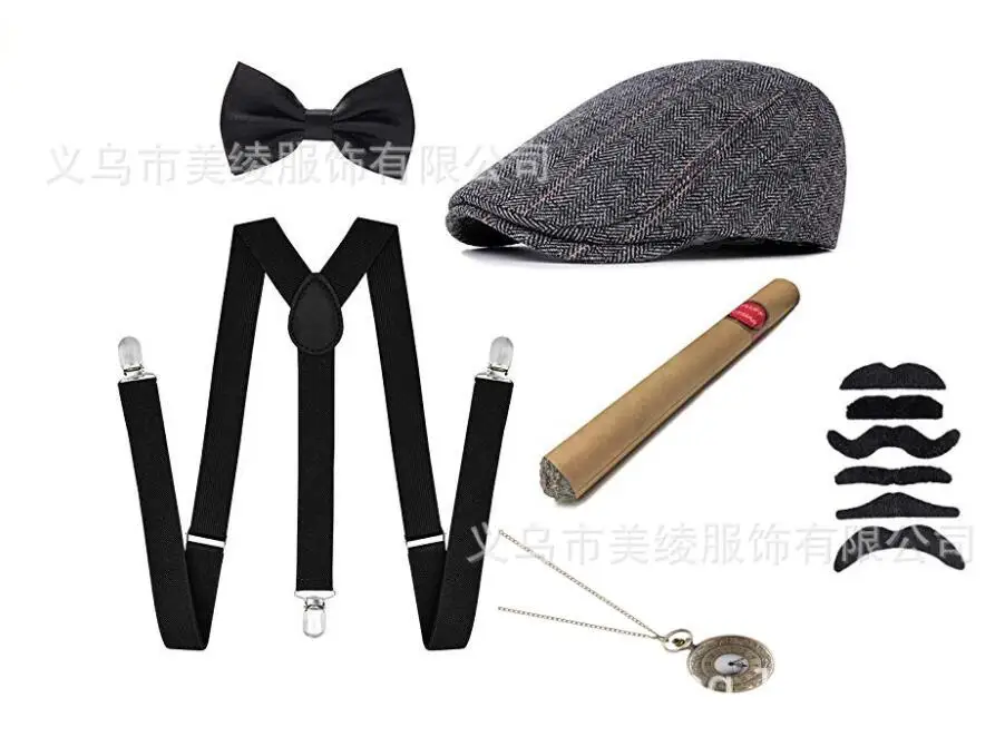 1920S Halloween 20S Cosplay Gangster Set Men party puntelli berretti sigaro bretella orologio da tasca Gatsby Costume accessori Set