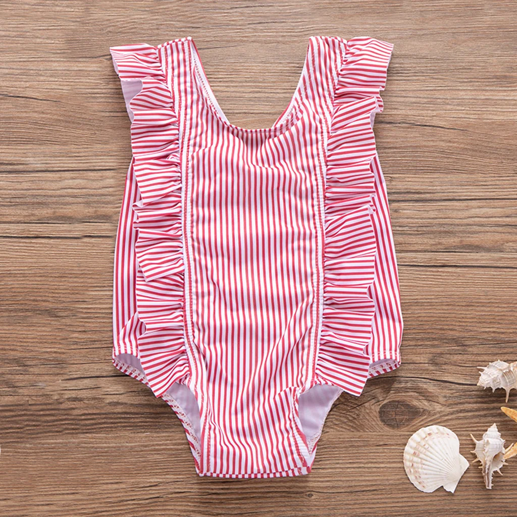 PatPat One-piece Ruffle Striped Swimsuit Slip-in Ruffle Details Summer Cotton Casual Stripes for Baby Girl