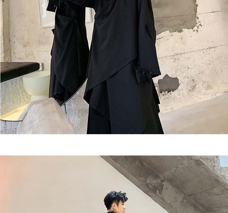 Men Punk Gothic Cardigan Irregular Splice Loose Casual Black Long Windbreaker Jacket Male Japan Streetwear Hip Hop Trench Coat