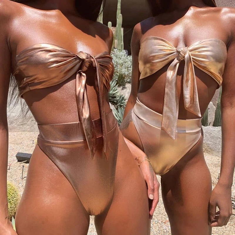 

Sexy Hot Stamping Bikini Swimsuit Women Off The Shoulder Swimwear Bandeau Push Up Bikini Set High Waist Bathing Suits Beach Wear