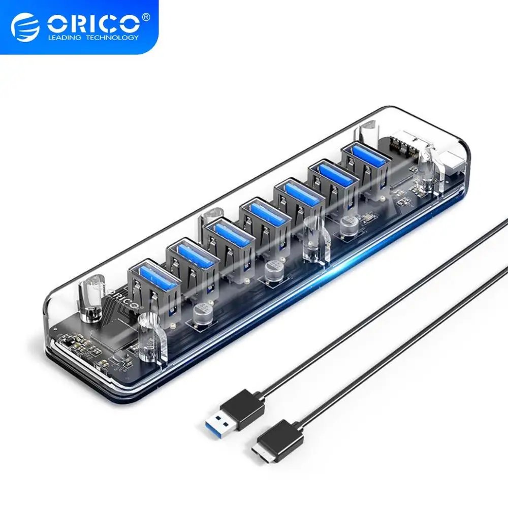 Прозрачный Концентратор ORICO USB 3 0 с двойным портом питания 7 портов