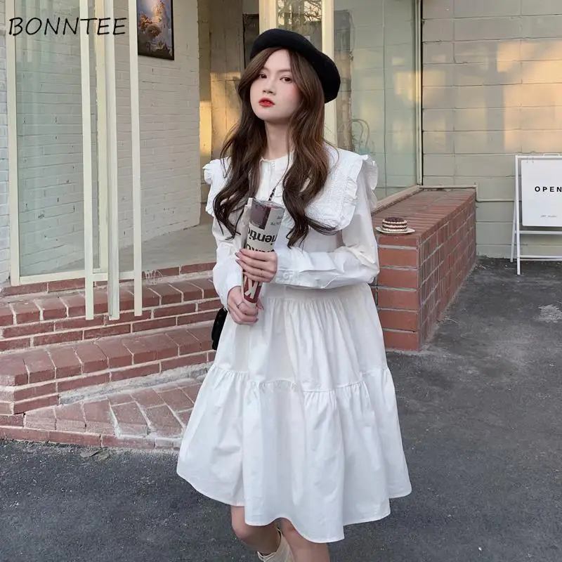 Dresses Women Solid Tender Loose Party Vacation Trendy Simple Long Sleeve  Schoolgirl All-match Autumn Mini Mujer Hipster Korean - Dresses - AliExpress