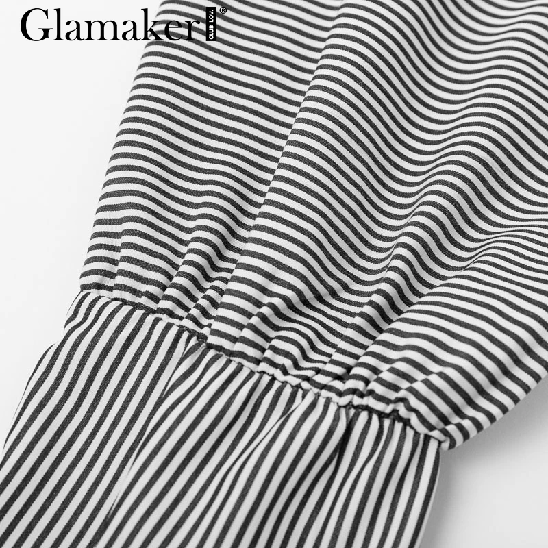 Glamaker, сексуальная черная блузка с длинным рукавом-фонариком, рубашка, Женская полосатая блузка с поясом, укороченный топ, осенняя женская элегантная блузка с v-образным вырезом, Топ