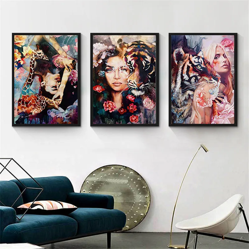 

Lady Animal Tiger Picture Home Decor Nordic Canvas Painting Wall Art Figure Print Minimalist Decor Posters for Living Room