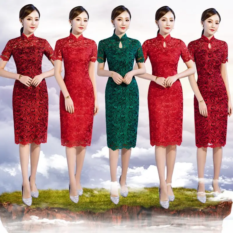 

Lace Embroidery Cheongsam Slim Fit Mid-length Improved Formal One-piece Dress Lace Cheongsam