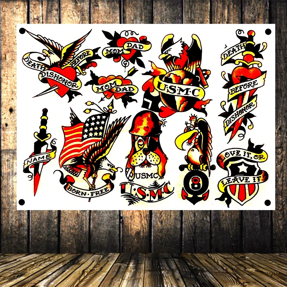 Usn Usmc Usa Tattoo Posters Wall Art Banners Hanging Flag Wall Sticker Cafe Restaurant Locomotive Club Live Background Decor Flags Banners Accessories Aliexpress