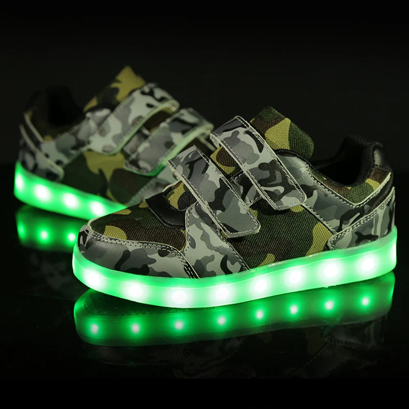 ULKNN 25-37 дети Led Usb зарядка светящиеся кроссовки Дети крюк петля Мода светящаяся обувь для девочек мальчиков кроссовки с светильник - Цвет: 1608-1-Camo